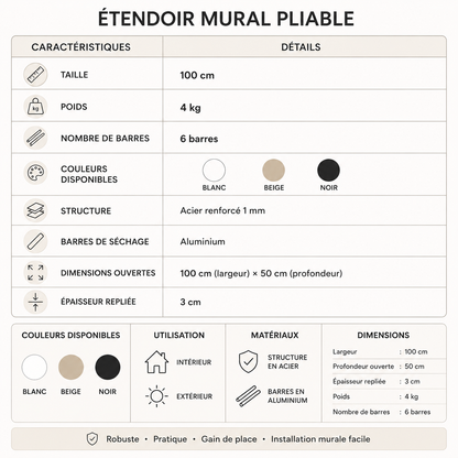 Étendoir mural rabattable gain de place – 100cm PROMO + LIVRAISON GRATUITE